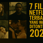 Kolase modern bergaya poster Netflix menampilkan cuplikan film thriller, romance, animasi, dan misteri dengan nuansa hitam-merah khas Netflix.