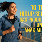 Foto seorang wanita muda berlari di area perkotaan dengan suasana cerah, mengenakan hoodie biru dan earphone, melambangkan gaya hidup sehat dan produktif.