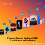 Ilustrasi tren podcast 2025 dengan mikrofon, headphone, dan simbol genre horor, true crime, serta motivasi.