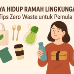 Ilustrasi digital seorang wanita memegang botol minum dan kotak makan ramah lingkungan, dikelilingi produk zero waste seperti tas kain, sedotan bambu, dan cangkir reusable.