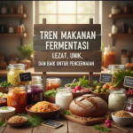 Berbagai makanan fermentasi seperti kimchi, yogurt, tempe, dan kombucha tersusun di meja kayu dengan pencahayaan alami.