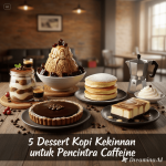 Ilustrasi lima dessert kopi kekinian seperti tiramisu, affogato, dan coffee jelly disajikan estetik di atas meja kafe.