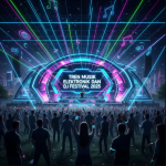 DJ tampil di atas panggung futuristik dengan efek visual holografik dan pencahayaan sinkron dengan musik elektronik.