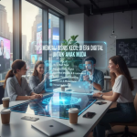 Anak muda bekerja di laptop sambil merencanakan bisnis digital dengan catatan dan kopi di meja