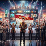 Kreator Indonesia sedang membuat konten di studio modern dengan bendera Indonesia dan simbol global di latar belakang.
