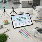 Seseorang membuat konten TikTok dengan tripod dan smartphone di kamar minimalis