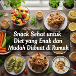 Aneka snack sehat seperti smoothie bowl, yogurt parfait, dan sayuran segar di atas meja kayu