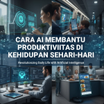 Seseorang bekerja di depan laptop dengan tampilan AI holografik di sekitar, melambangkan bantuan teknologi dalam keseharian.