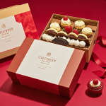 Dessert box berlapis krim dan cake dengan topping cokelat, tersusun rapi siap dijual dalam kemasan bening