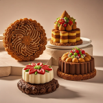 Aneka kue tradisional Indonesia ditata modern di piring keramik, dengan garnish buah dan saus gula aren