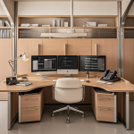 Ruang kerja minimalis dengan meja rapi, lampu meja hangat, tanaman kecil, dan rak penyimpanan